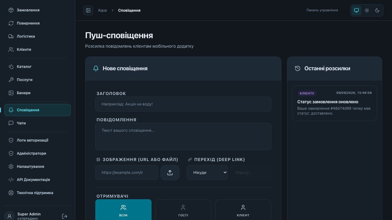 Push-розсилка · повідомлення, аудиторія та історія